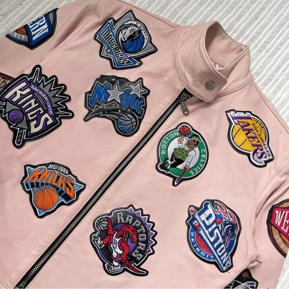 Jeff Hamilton NBA All Teams Patchwork Pink Leather Jacket - Picture 2 of 10